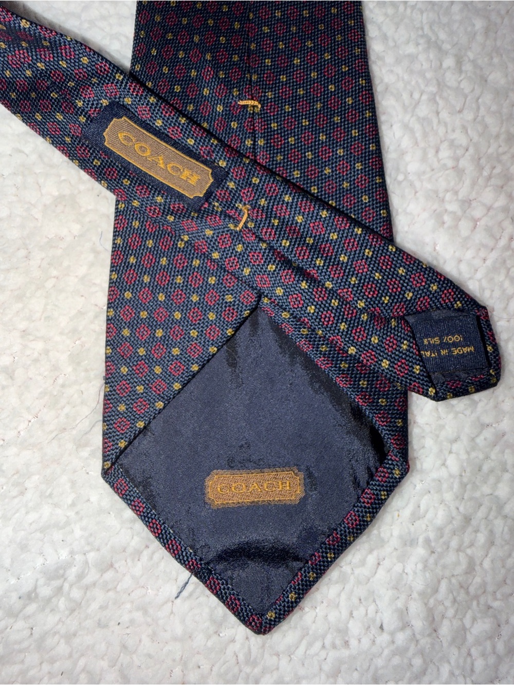 Coach Men's Navy Silk Tie with Red and Green Microdots